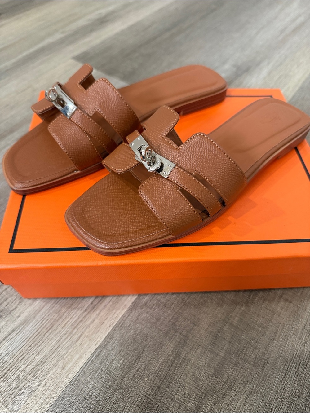 Women's Brown Leather Slide Sandals with Silver Accent
